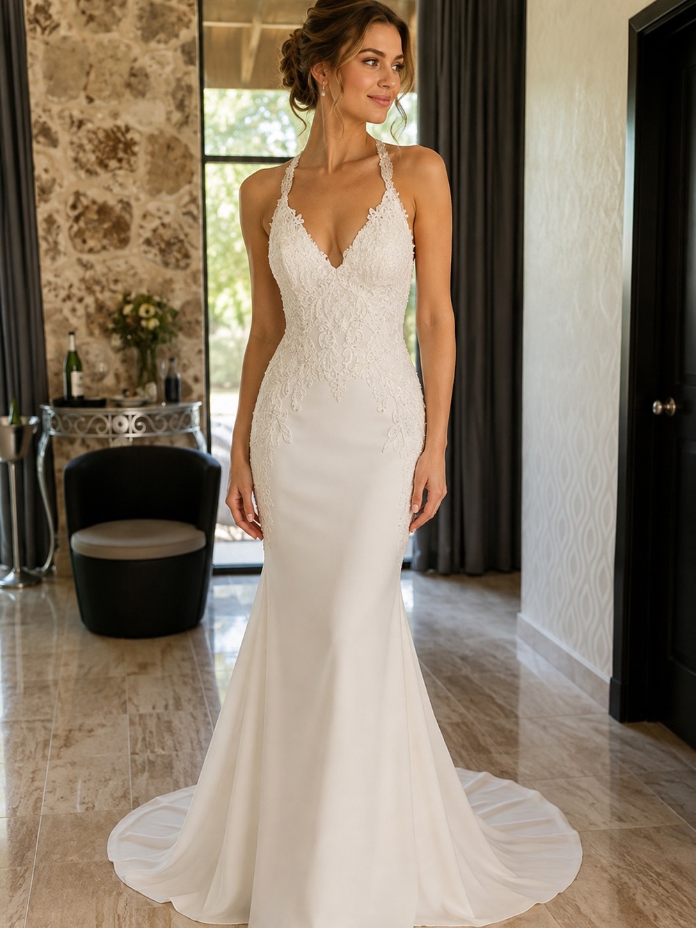 Elegant White Lace Halter Bridal Gown